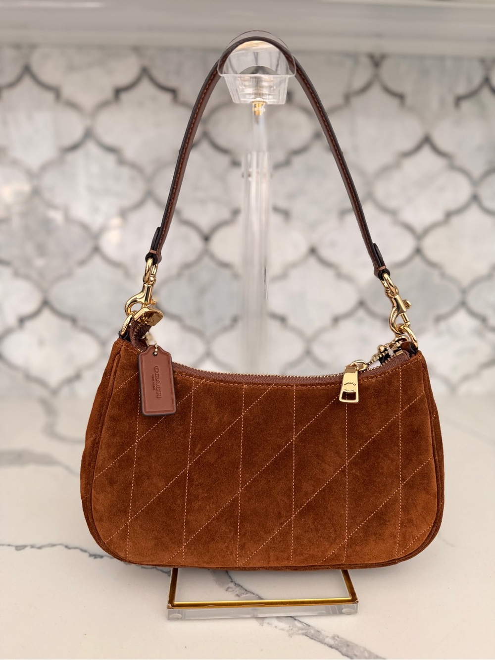 Coach Brown Suede Shoulder Bag with Gold Chain - Picture 2 of 10
